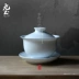 Bộ ấm trà bằng sứ màu xanh và trắng đất nung Kung Fu bao gồm ba cái bát có nắp đậy nắp chén trà - Trà sứ bình trà Trà sứ