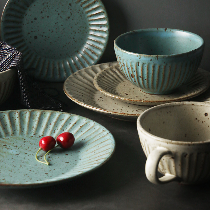 About Nine soil restoring ancient ways suit cup bowl of western - style food tableware disk to use contracted ceramic household Japanese coarse pottery single plate