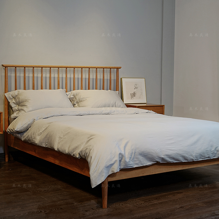 Real wood Liangzuo Nordic solid wood Windsor bed Cherry wood log bedroom Modern simple double bed 1 5m1 8m