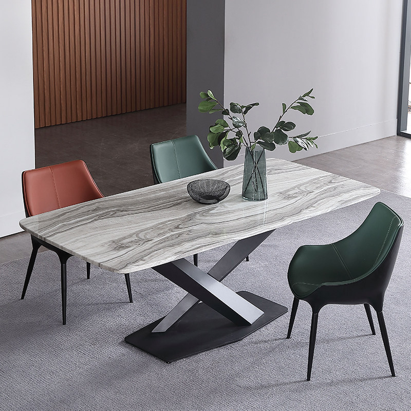 意大利铁艺仿人造大理石餐桌黑色桌面定制极简椭圆形金属一桌六椅