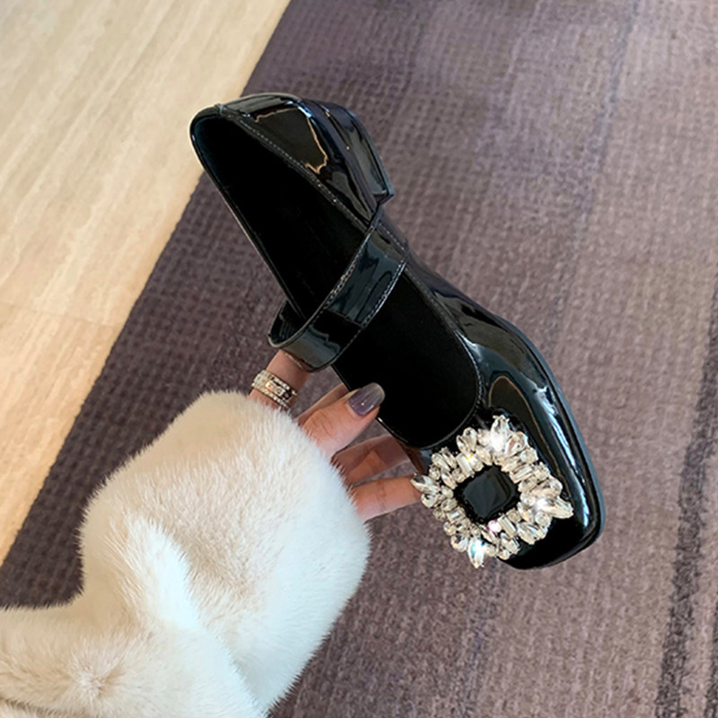 Water drill square buckle Mary Jane shoes 2022 new shoes French style painted leather low heel coarse heel small leather shoes woman single shoes