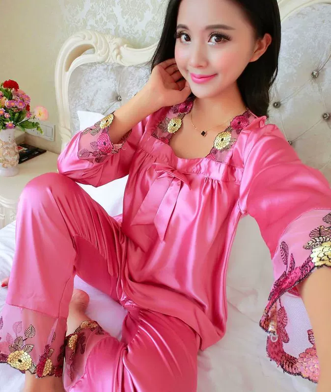 Phong cách mới đồ ngủ của phụ nữ mùa xuân và mùa thu dài tay lụa nhân tạo mỏng phù hợp với mùa hè Hàn Quốc lụa băng sexy cỡ lớn lỏng lẻo - Bộ Pajama