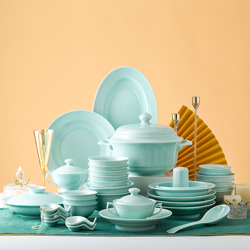 Jingdezhen high-grade Chinese tableware and dishes set household celadon chopsticks light luxury ceramic rice bowl combination gift
