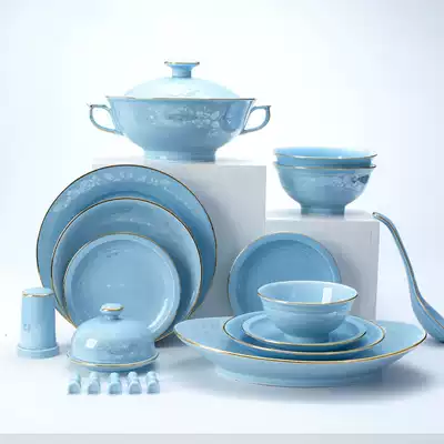 Collection shadow celadon tableware set Household Jingdezhen Chinese phnom Penh bowl combination high-end simple bowl gift