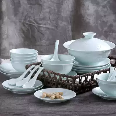 Yingqing carved porcelain Jingdezhen kaolin underglaze color tableware set Household bowls and dishes Lotus pond fragrance
