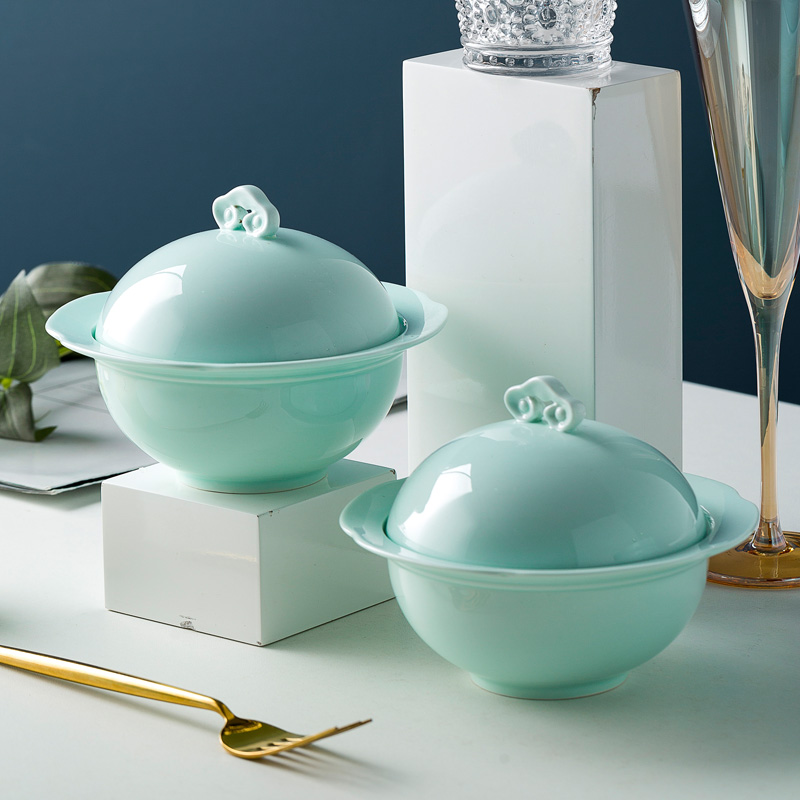 Glazed color green porcelain stew with lid Home Riser Saucepan Saucepan Saucepan Steamed Egg Flushing Hotel Rice Hall Stew