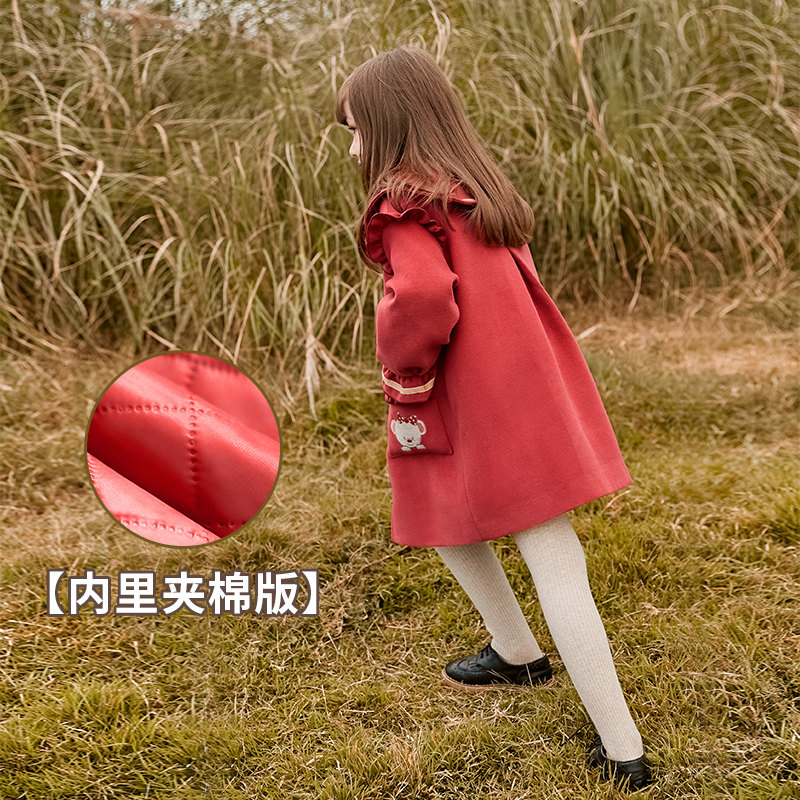 Girls woolen coat 2021 new autumn winter dress foreign atmosphere children's wear medium long horn button tweed coat