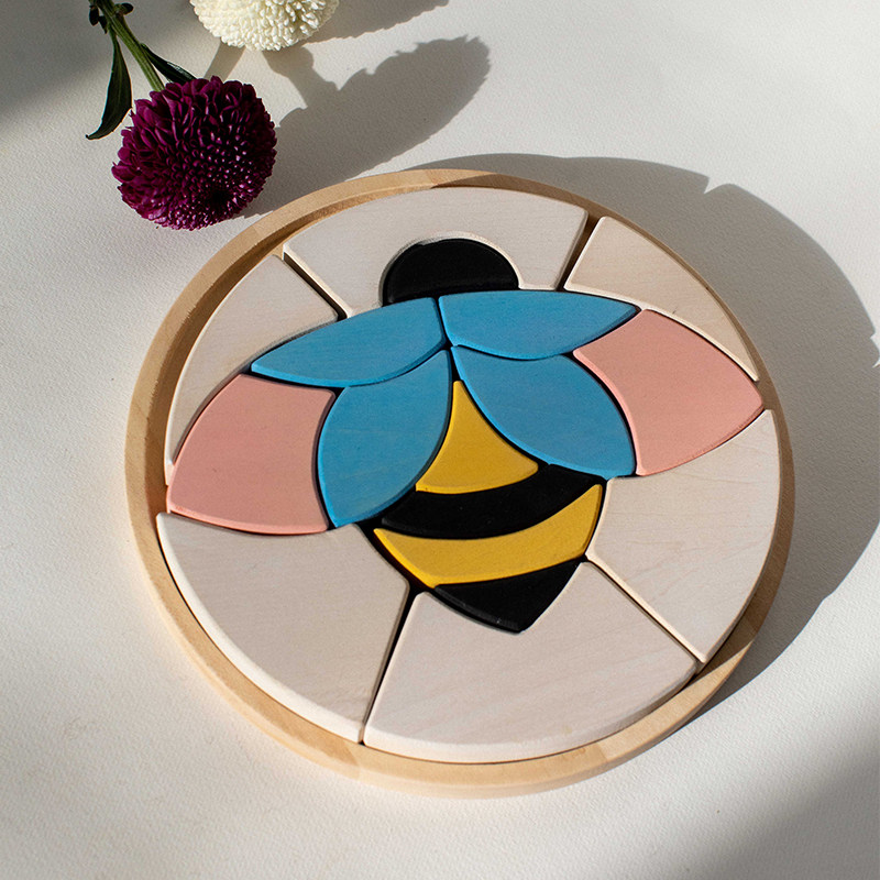 AVDAR Imports Linden Wood Small Bee Puzzle Building Blocks Toy Solid Children Young Children Puzzle 1-3-4-6 years old