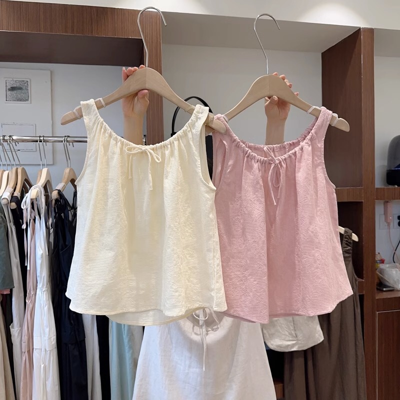 150kg Plus Size Fat Girl's Stylish Drawstring Jacquard Camisole for Women, New Summer Loose Fit, Age-Reducing Babydoll Top