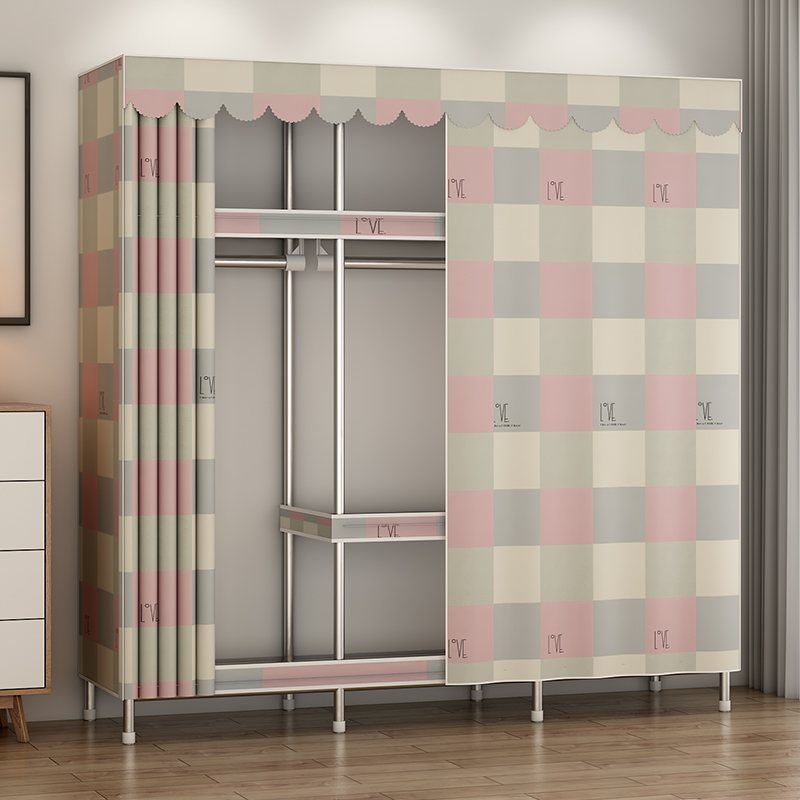 simple fabric wardrobe rental house home bedroom economical assembled cloth wardrobe modern simple reinforced hanging closet 
