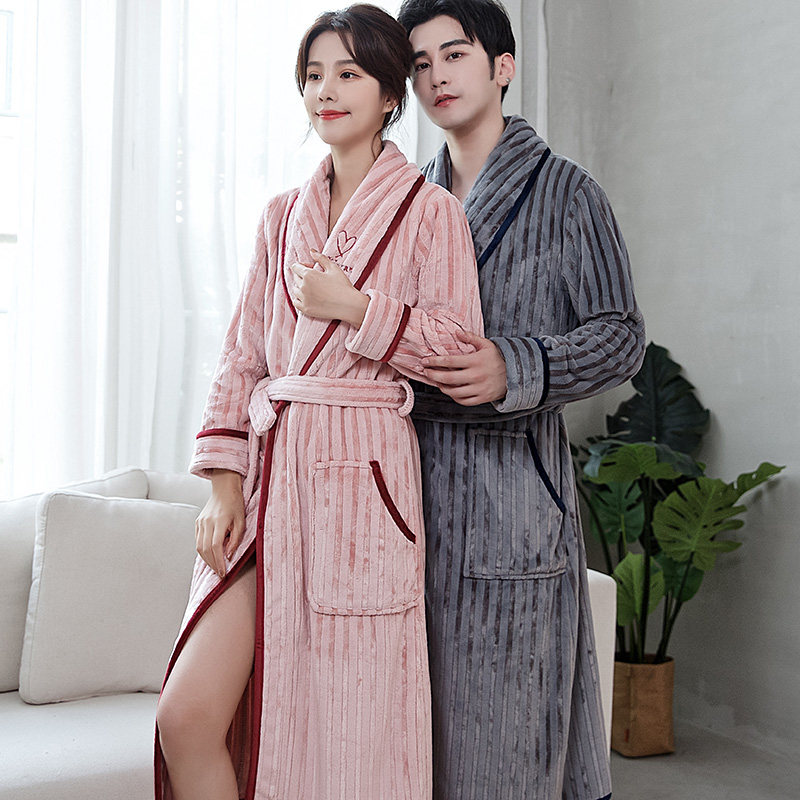Couple nightgown men's autumn and winter coral fleece pajamas plus velvet thickened long version new flannel home service women's bathrobe