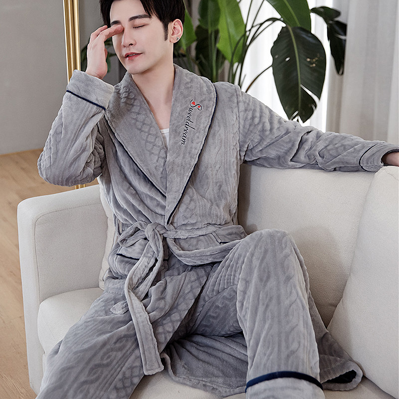 Nightgown men's winter plus velvet thickening autumn and winter warm coral fleece bathrobe flannel long version suit men's pajamas