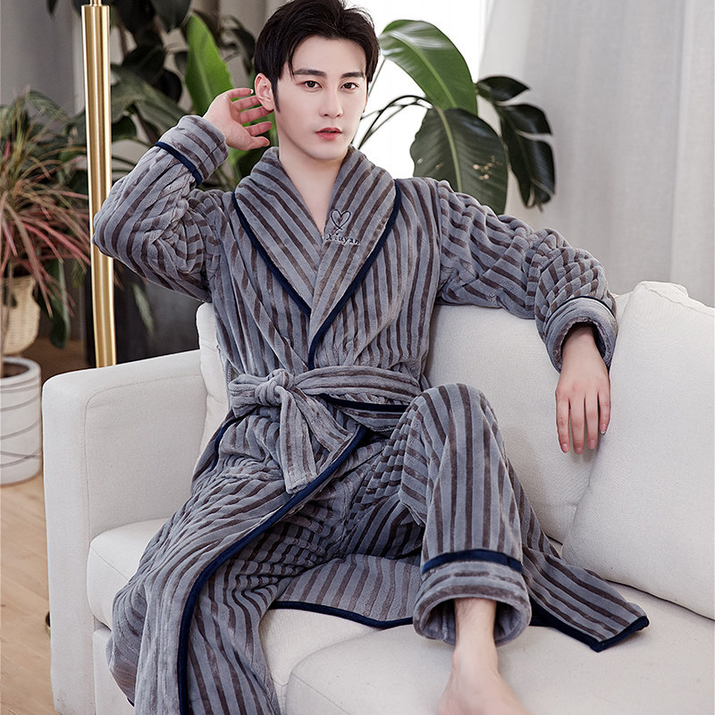 Nightgown men's coral velvet long version bathrobe spring plus velvet thickening men's flannel winter pajamas high-grade robe pajamas