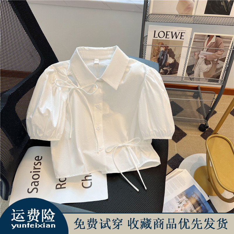 Japanese-Style Sweet and Delicate Drawstring Short Shirt with Bow, Niche Puff Short-Sleeve Polo Collar Unique Top for Women