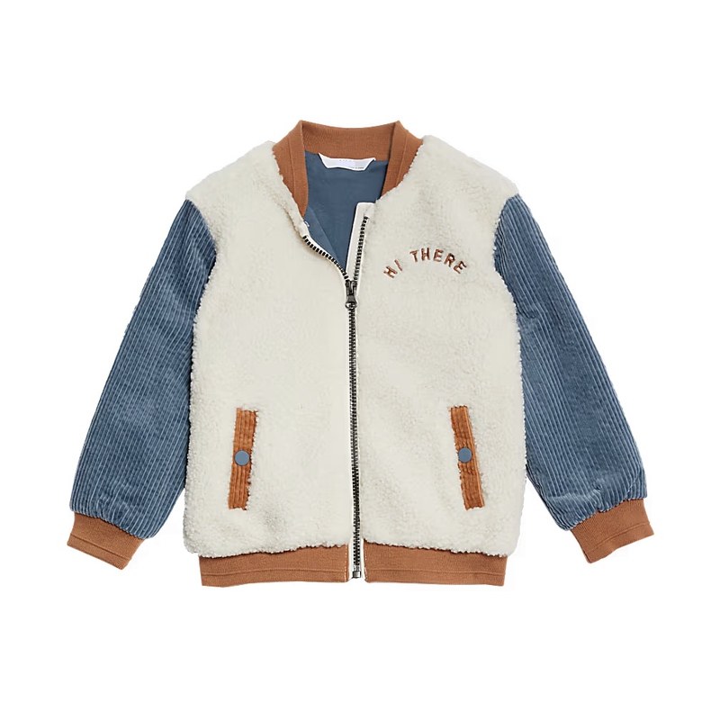 Children's Plush Jacket for Boys, Patchwork Color-Block Baseball Collar Zipper Flight Jacket, Warm Retro Infant Fleece Jacket