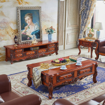 European solid wood high-end coffee table TV cabinet combination American retro rectangular marble small apartment storage floor cabinet