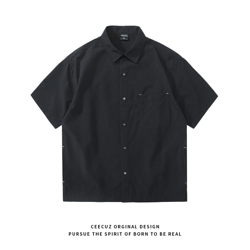 Ceecuz Lightweight and Breathable Seersucker Anti-Wrinkle Striped Short-Sleeve Shirt for Men, Summer Thin Workwear Half-Sleeve Shirt