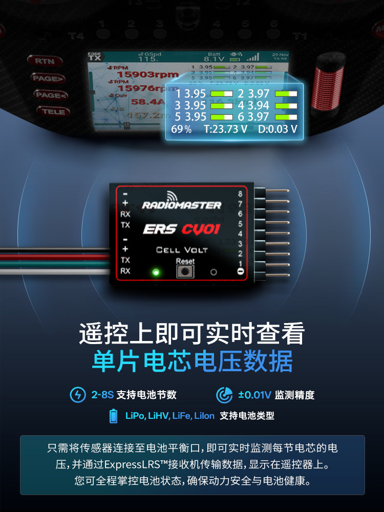 【RadioMaster】ERS‑CV01 單節電壓感測器｜ExpressLRS 遙測