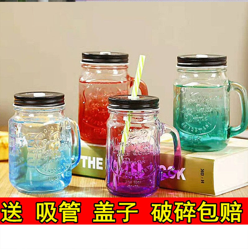 Water cup 2021 new tide high - value glass children cute large capacity handle to straw Mason Cup simple models