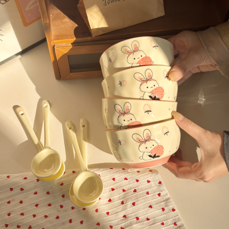 Strawberry Rabbit Ceramic Tableware Cute Girly Rice Bowl Home Dessert Set High-Value Rice Bowl