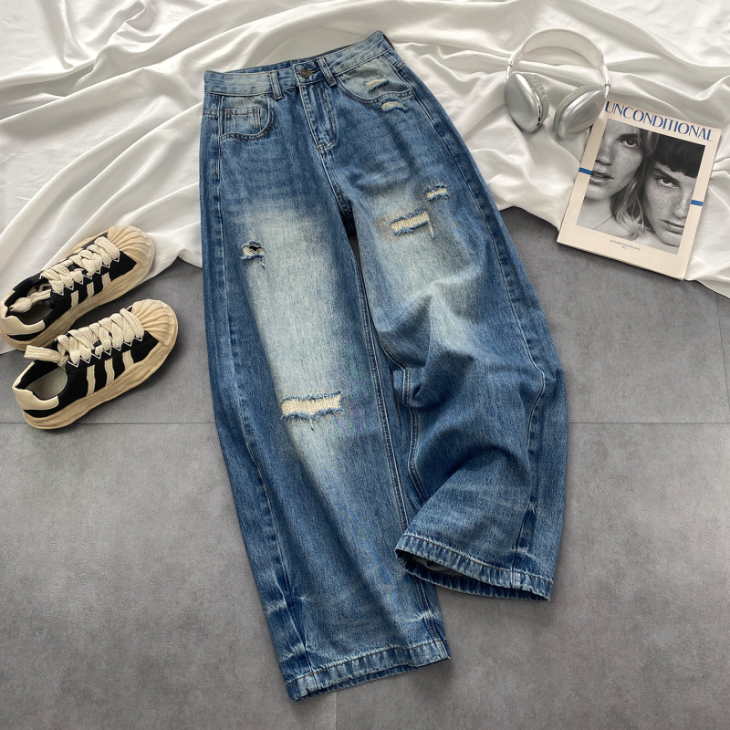 145 Petite Ripped Knife-Cut Jeans for Women, 2026 Summer Thin High-Waisted Loose Wide-Leg Pants That Cover the Hips