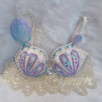 Brilliant pearl iridesy sequined shell bra, beaded chain tassels, pool swimming party bra, seaside vacation pearl dress