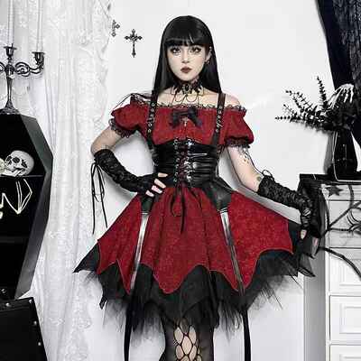 An elegant and fashionable one-shoulder A-line dress set with straps and A cinched waist, featuring a dark lace style from Europe and America