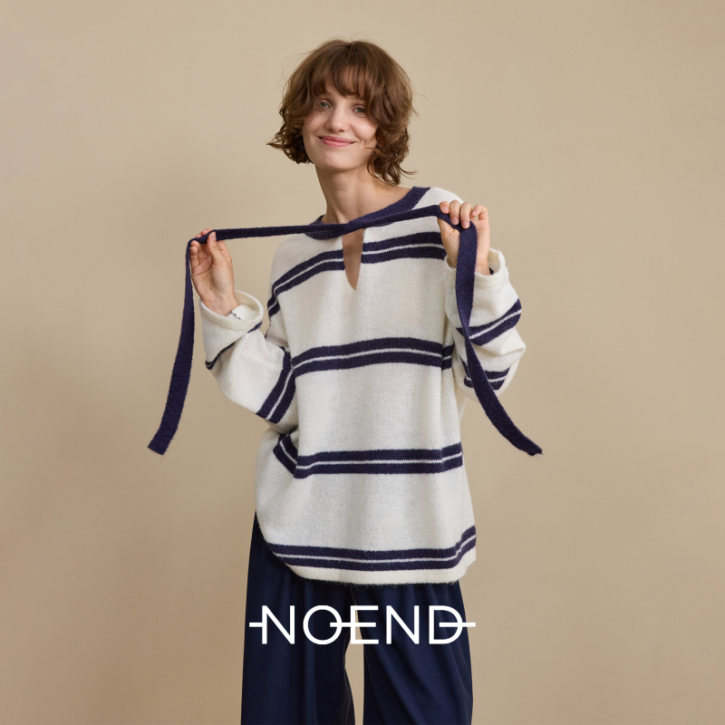 Noend [Same Style as Zhang Hanrui] Original Sheep Wool and Mohair Color-Blocked Striped Ribbon Lazy Knit Sweater