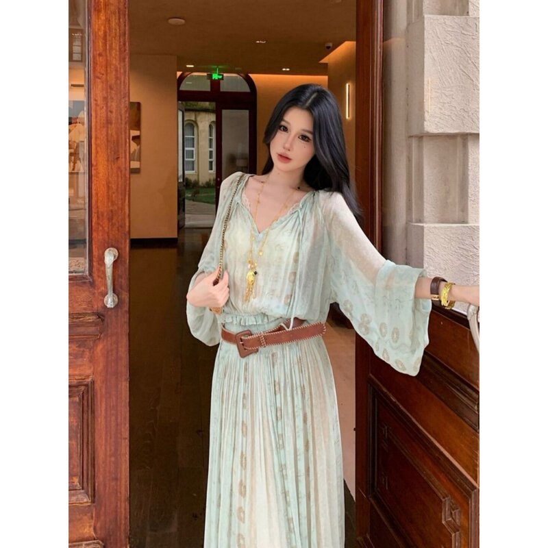 French Green Printed V-Neck Chiffon Dress for Women, Summer Seaside Resort Style Casual Elegant Waist-Cinching Long Skirt