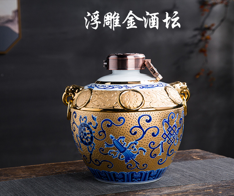 Wine jars 5 jins of jingdezhen ceramic household seal put gifts 18 k an empty bottle anaglyph gold hip Wine utensils