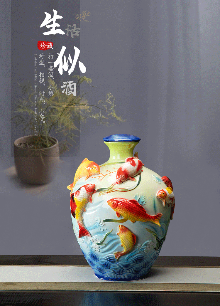 Jingdezhen ceramic household seal wine jar 20 jins in the process of creative leap it bottle furnishing articles