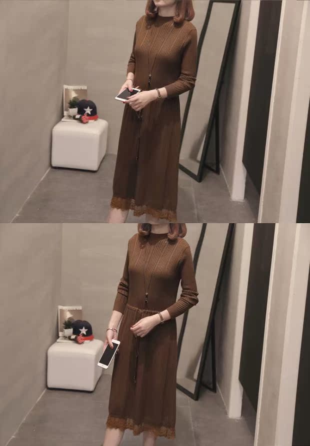 Đầm ren nữ mùa xuân 2018 mới dài phần mùa thu và áo len mùa đông áo len qua đầu gối áo len ba lỗ nữ