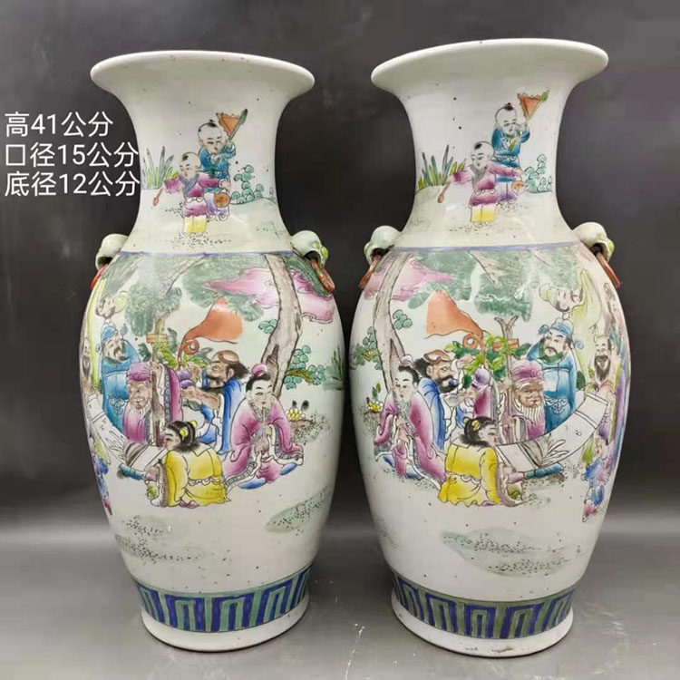 清光绪手绘粉彩人物故事侍女图花瓶(一对) 仿古瓷器古玩古董摆件