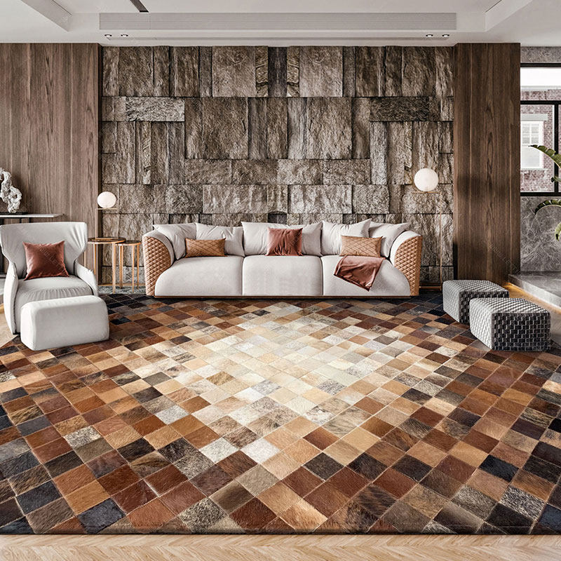 High-grade cowhide stitching carpet custom home Nordic geometric American light luxury living room coffee table mat bedroom bedside blanket
