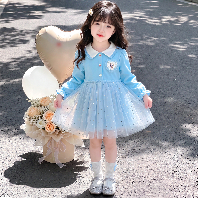Girls' Long-Sleeved Elsa Dress, Autumn 2026 New Style, Sweet Frozen Elsa Mesh Princess Dress for Baby Girls
