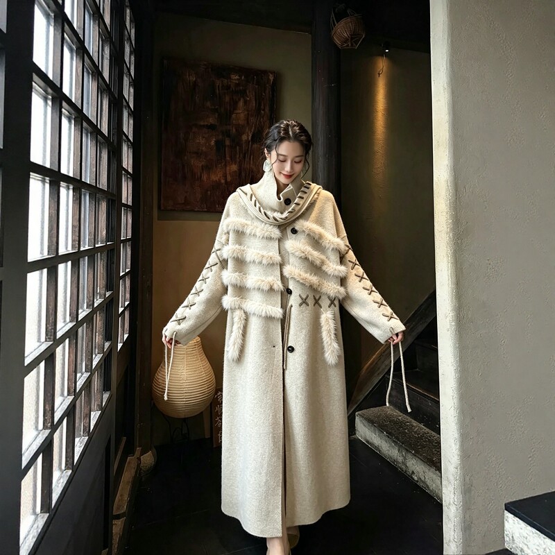 Designer-Inspired Fox Fur Knit Coat for Women, Long High-Neck Loose-Fitting Tie-Up Sweater with a High-End Feel, Thick