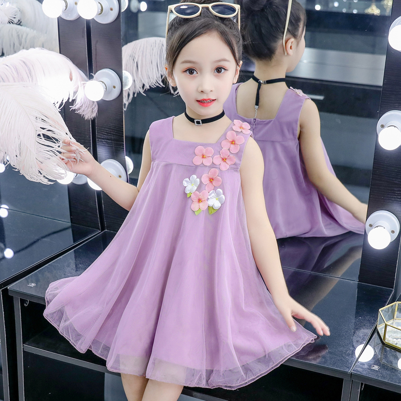 Girldress mùa xuân / mùa hè 2020 mùa hè 2020 mới của Hàn Quốc phiên bản của em bé không tay nhỏ hoa lưới váy.