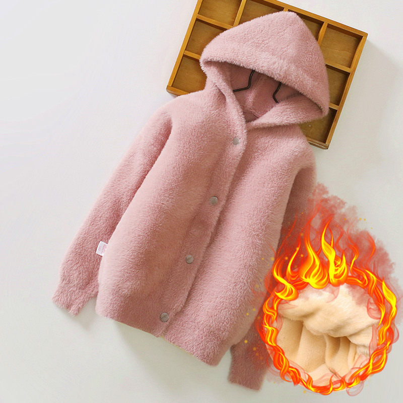 Girls Mink Velvet Sweater Knitted Cardigan 2023 Spring and Autumn Dress New Western Style Children's Plush Thickened Baby Coat