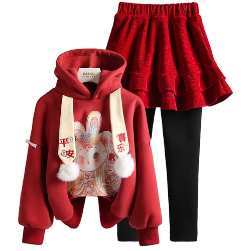 Детский красный комплект, утепленная толстовка, зимняя юбка для девочек, подходит для подростков
