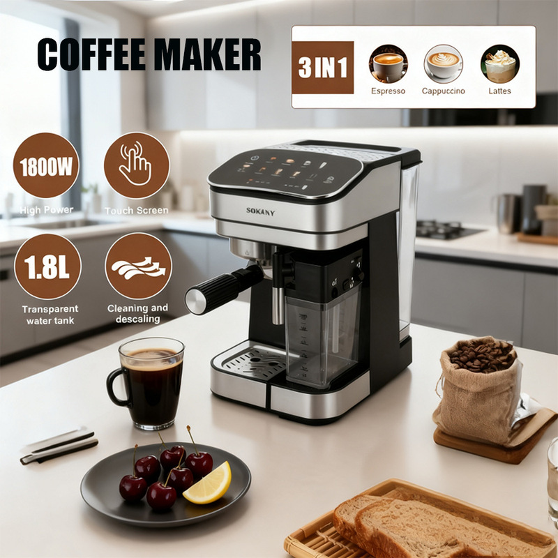 Coffee Machine 3-in-1 Touch Screen Italian Semi-Automatic Steam Coffee Machine High Temperature Extraction Espresso Machine 1.8L