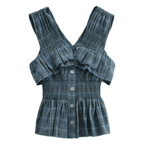 MOUSSY retro plaid romantic pastoral ruffled waist short top for women 010GAS30-5670
