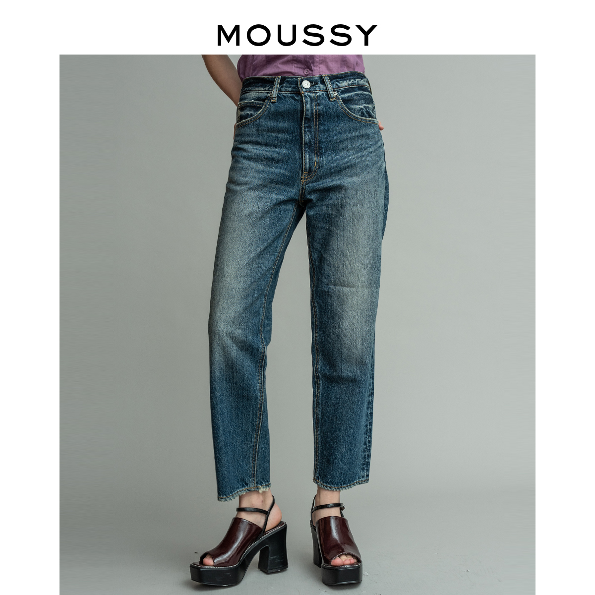 MOUSSY spring and autumn retro high waist washed small feet slim jeans 028CAN11-5020