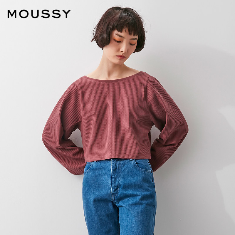 MOUSSY 2021 new spring and autumn round neck lantern sleeve back strap knitted T-shirt 010ES780-0170