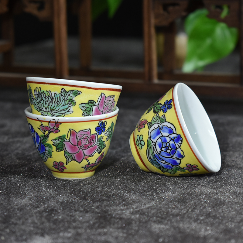 Jingdezhen Cultural Revolution Factory Goods Pink Yellow Land Wanhua Cylinder Cup Antique Old Tea Cup Glass Ceramics