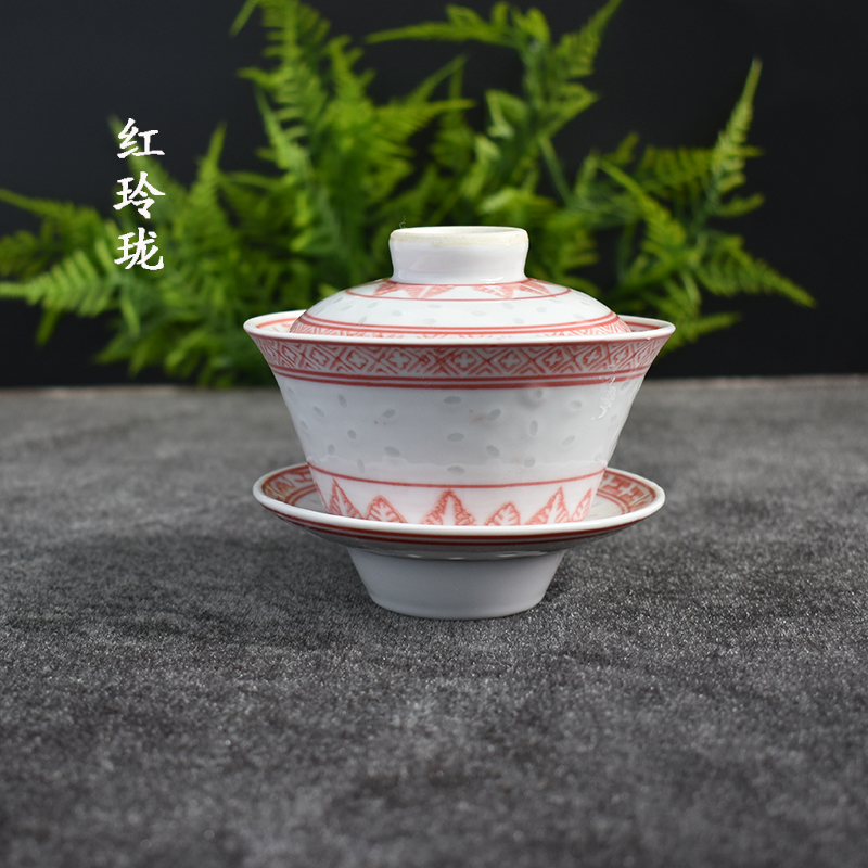Linglong Gai Bowl Jingdezhen Factory goods antique tea set red Linglong Sanai bowl nostalgic tea cup Linglong porcelain