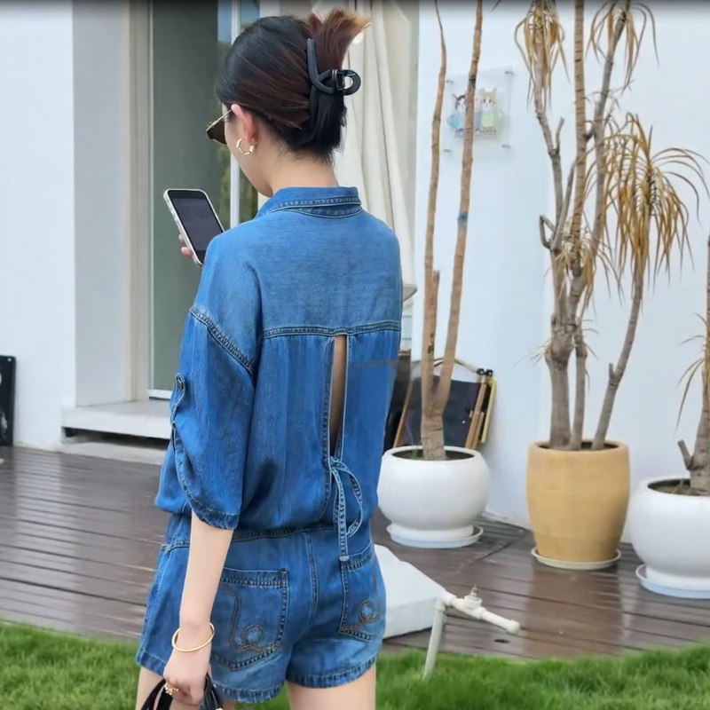 Very Beautiful 2026 New Style Relaxed Design Backless Blue Denim Shirt Jumpsuit for Women in Summer Very Beautiful 2026 New Style Relaxed Design Backless Blue Denim Shirt Jumpsuit for Women in Summer