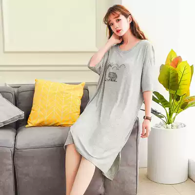 Cup one-piece nightgown print plus size loose dress medium and long version with chest pad bra Korean version elegant