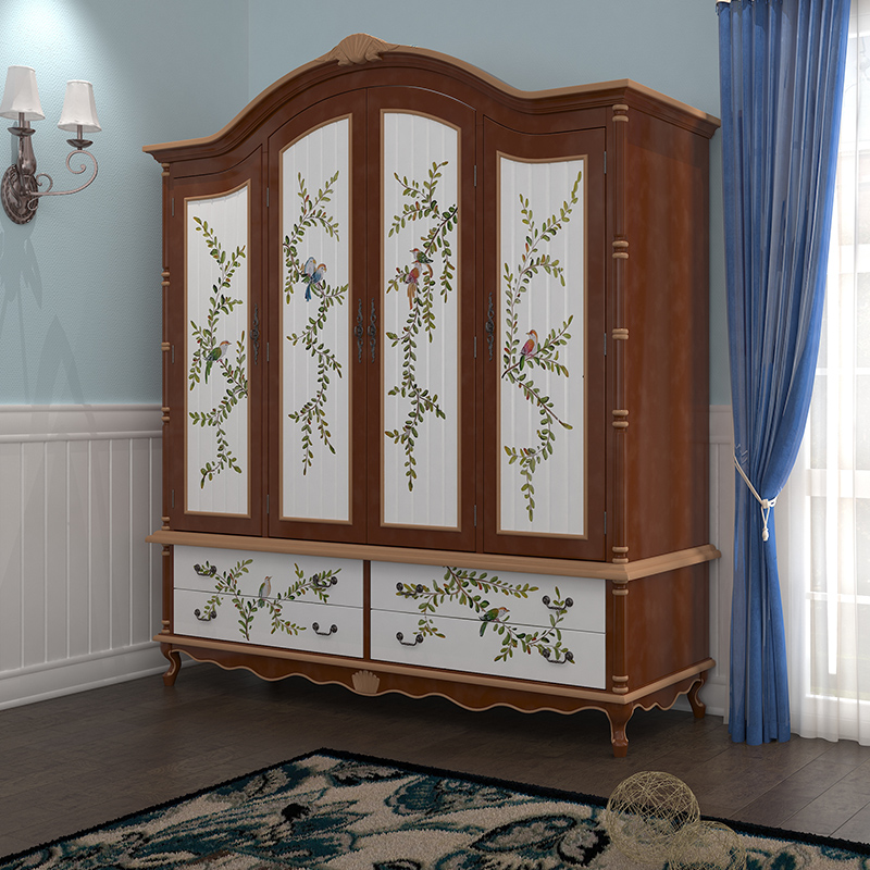 Mediterranean Style Wardrobe American Country Painted Coat Cabinet Vintage Hand Drawn Integral Wardrobe European Antique Furniture