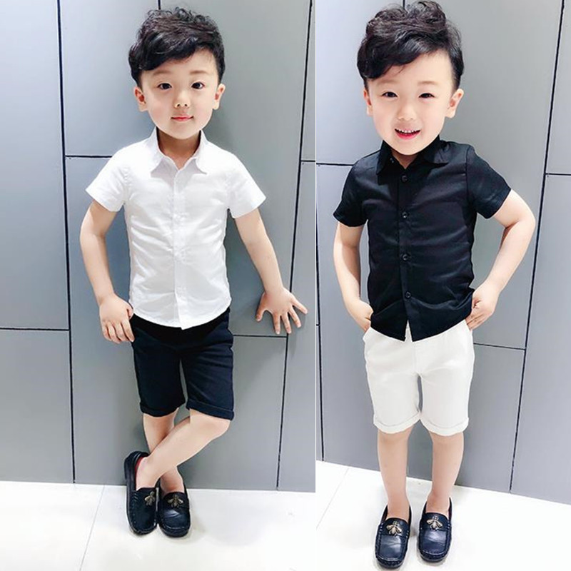 Boys' short-sleeved shirt with foreign style 2345-year-old children's host white shirt suit Korean version baby summer dress with foreign style