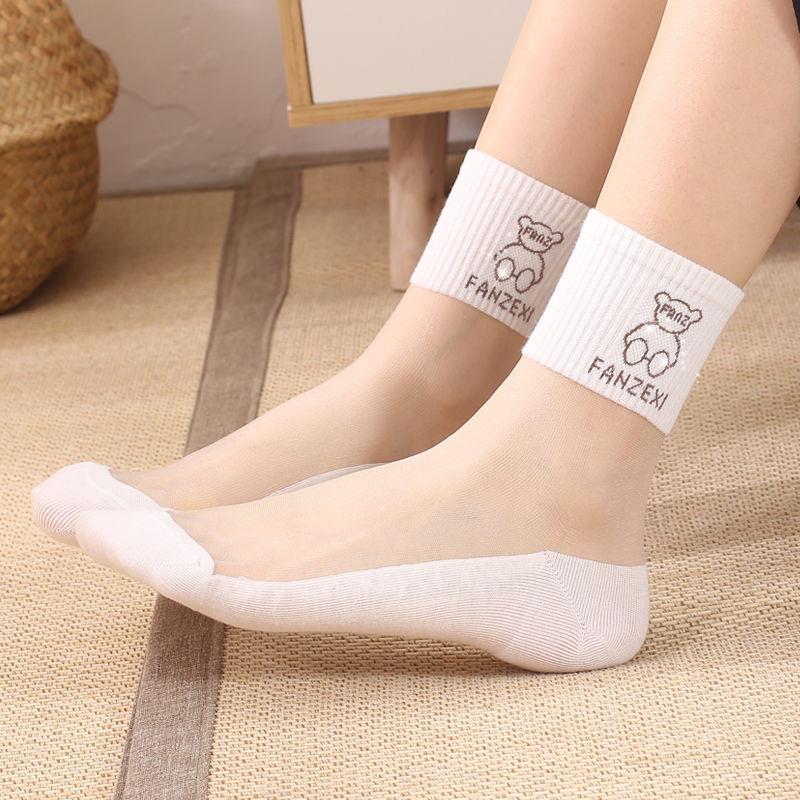 Summer Thin Socks for Women, Cotton Bottom, Glass Silk Stockings, Korean Style, Mid-Tube, Thin, Breathable, Solid Color, Bear Mesh Socks, Trendy ins